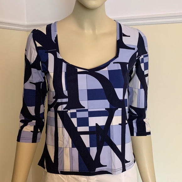 Nina Ricci Signature Monogram Top Nylon Blend Blue & Cream Made in Italy Sz 42 - Picture 5 of 9